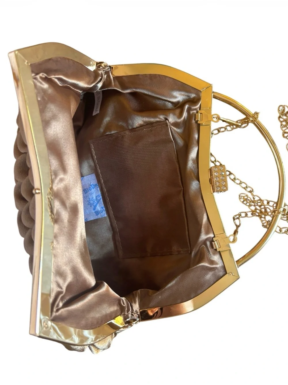 NWT Gold Pleated Satin Evening Clutch with Rhinestone Clasp Chain Strap Event